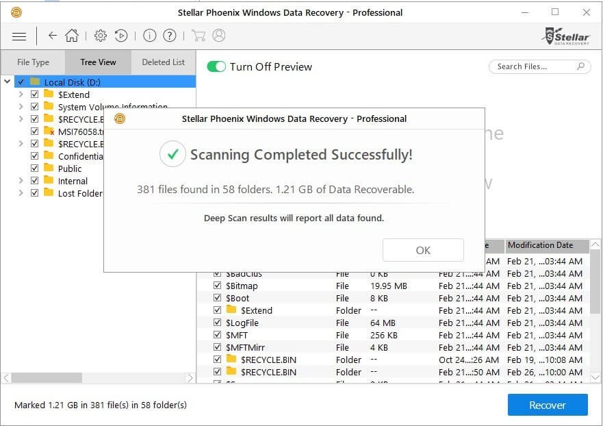 Illustrates Scanning finished with details of Recoverable data