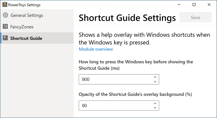shortcuts Guide settings