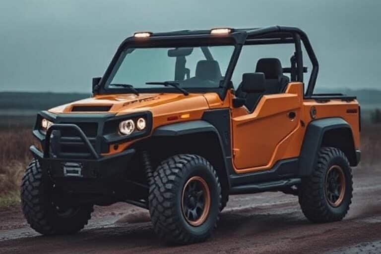 A Can Am Defender UTV in orange and black color navigating a dirt road with trees lining the path.
