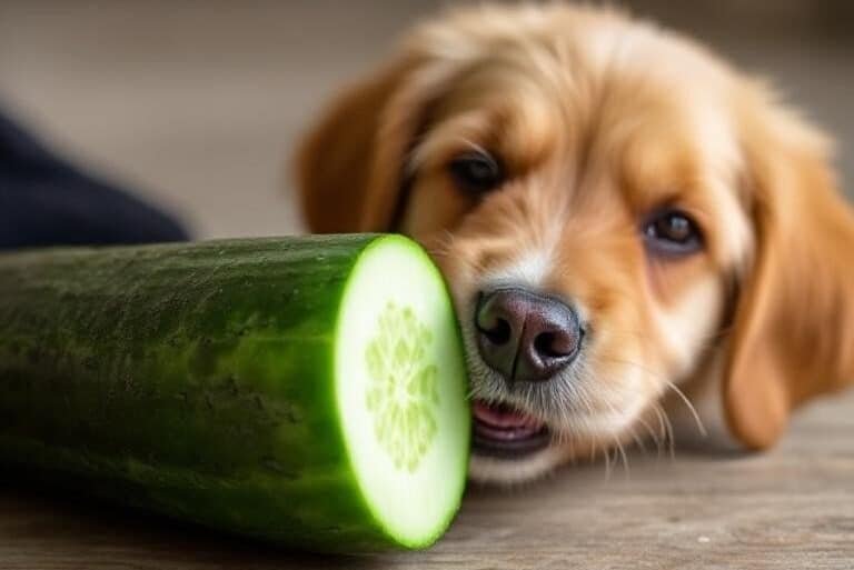 A curious puppy gnawing on a cucumber, showcasing its playful nature in a vibrant outdoor environment.