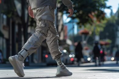 A man wearing parachute pants and white sneakers walks down the street.