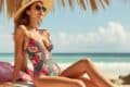 A woman wearing a Pucci swimsuit and hat sits on the beach, enjoying the sun and ocean view