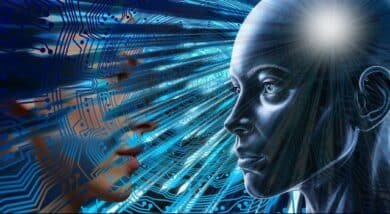 An abstract depiction of artificial intelligence, featuring interconnected circuits and glowing data streams.