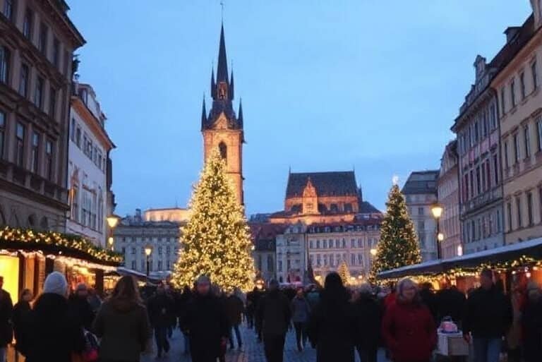 Festive Christmas market in Prague, showcasing holiday lights, decorations, and local crafts in a charming atmosphere.