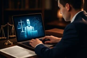 A man in a suit uses a laptop displaying a judge's image, illustrating AI's role in enhancing legal research.
