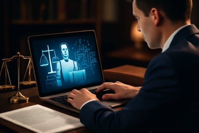A man in a suit uses a laptop displaying a judge's image, illustrating AI's role in enhancing legal research.