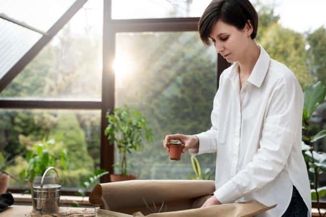 A woman holds a plant pot inside a paper bag, showcasing her love for plants and nature.