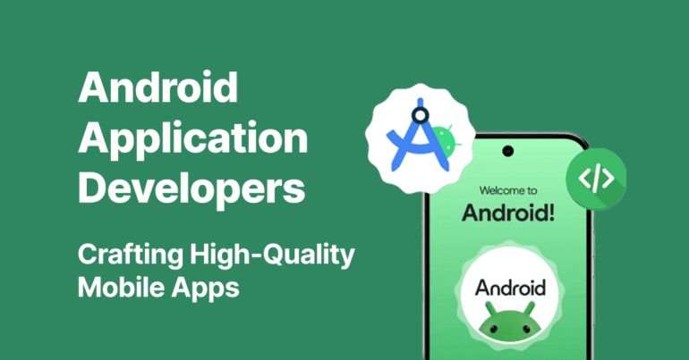 Group of Android application developers collaborating on a project, discussing code and design ideas in a modern workspace.