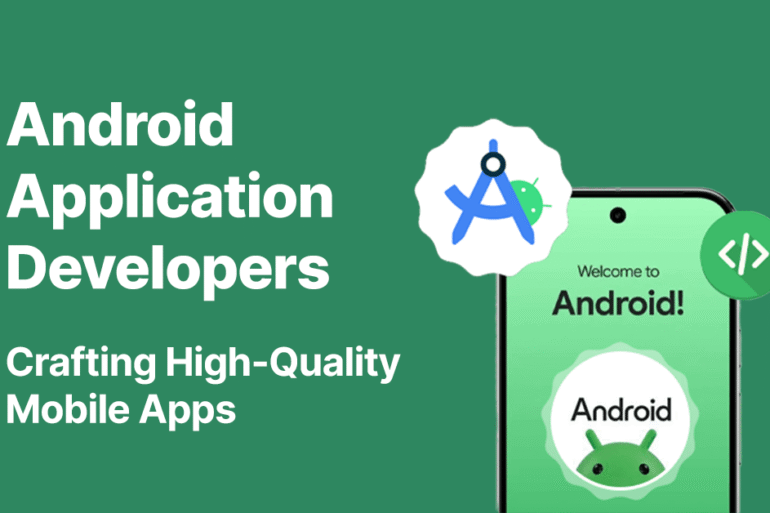 Group of Android application developers collaborating on a project, discussing code and design ideas in a modern workspace.