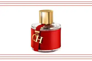 A striking red perfume bottle featuring gold lettering, labeled "CH Fragrances."