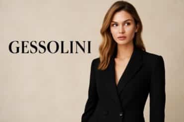 Model in a black suit with the word "Gessolini" displayed prominently.