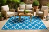 A stylish blue outdoor rug with white and blue details, ideal for patios or gardens.