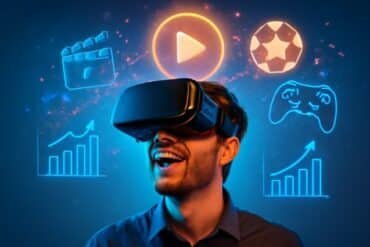 A man enjoying VR entertainment while wearing a virtual reality headset, immersed in a digital experience.