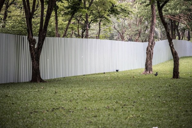 A metal privacy fence stands in the center of a lush grassy area, providing a boundary in the open space.
