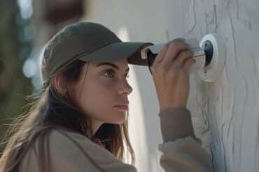 A woman wearing a cap looks directly at the camera, highlighting her involvement in security camera installation.