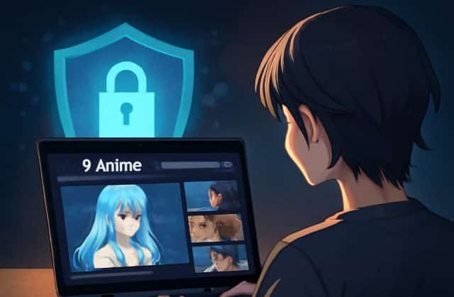 A boy watching 9 Anime online streaming on the laptop.