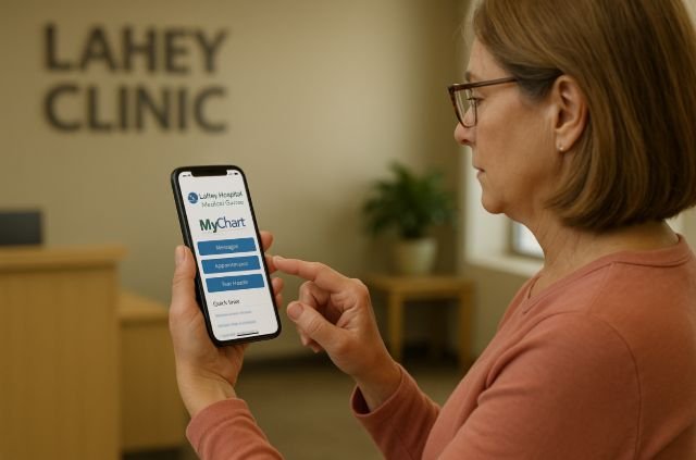 Lahey Clinic MyChart app interface showing patient health information and appointment scheduling features.