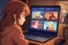 A red-haired girl gazes at an open laptop displaying four colorful anime character pictures. Books and an anime poster surround her, creating a cozy atmosphere.