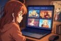 A red-haired girl gazes at an open laptop displaying four colorful anime character pictures. Books and an anime poster surround her, creating a cozy atmosphere.