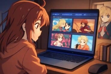A red-haired girl gazes at an open laptop displaying four colorful anime character pictures. Books and an anime poster surround her, creating a cozy atmosphere.