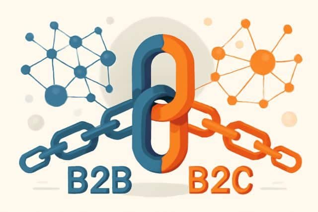 Displaying a chain and link, illustrating the integration of business-to-business and business-to-consumer models.