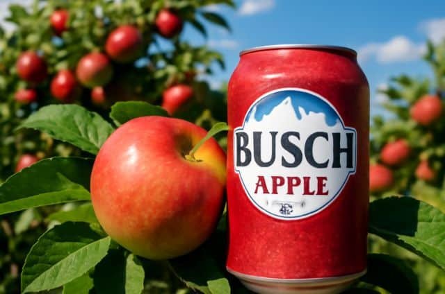 A can of Busch Apple cider, featuring a vibrant apple design, sits on a wooden table with a blurred outdoor background.