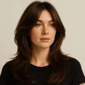 Butterfly haircut with layered face-framing strands and long flowing layers.