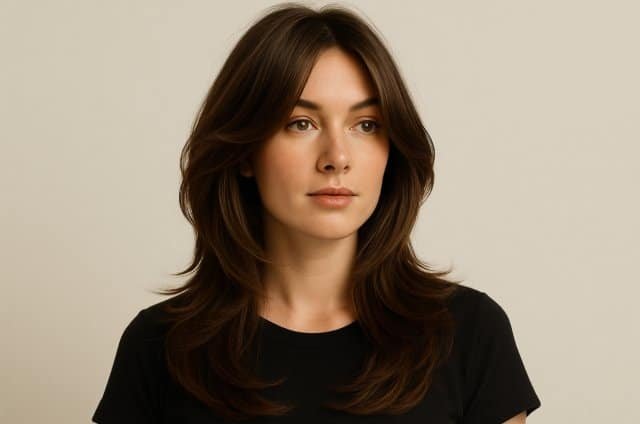 Butterfly haircut with layered face-framing strands and long flowing layers.