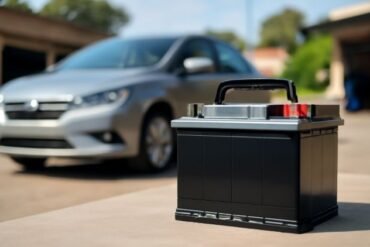 A car battery on the ground beside a car, highlighting its price and importance for vehicle maintenance.