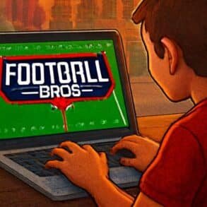 A boy plays Football Bros Unblocked on his laptop, focused and enjoying the game.