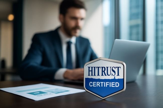 HITRUST Certified logo displayed on a laptop, symbolizing compliance and security in data management.