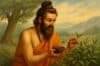 A painting depicting a bearded man holding a cup, illustrating an Indian legend about the discovery of tea.