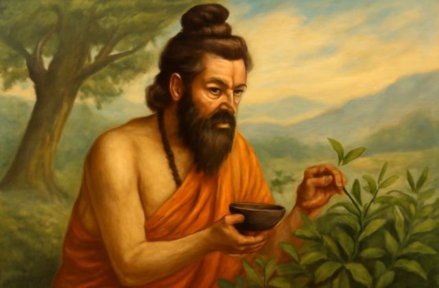 A painting depicting a bearded man holding a cup, illustrating an Indian legend about the discovery of tea.