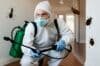A masked man in a white suit sprays bugs, representing Insetprag Desinsetização's pest management services.