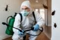 A masked man in a white suit sprays bugs, representing Insetprag Desinsetização's pest management services.