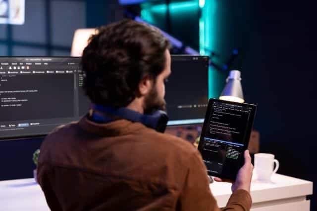 A man using a tablet in front of a computer screen, focused on his work as a Java developer.