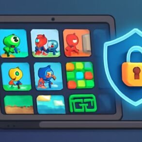 A laptop secured with a padlock, representing security for KBH Games.