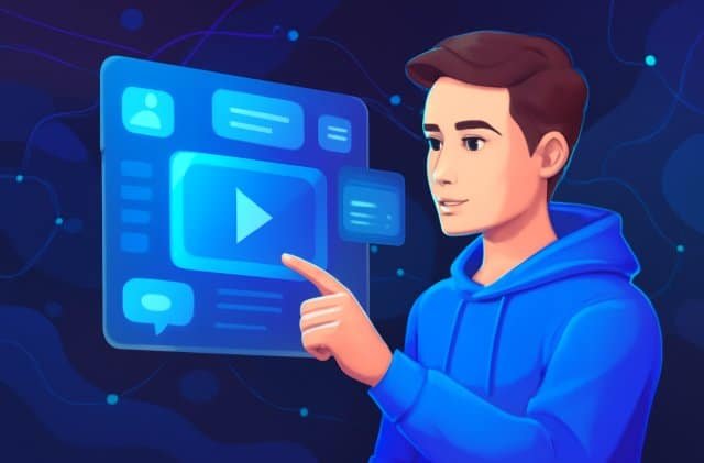 A man points at a video player on a screen, highlighting features of the Konversky platform.