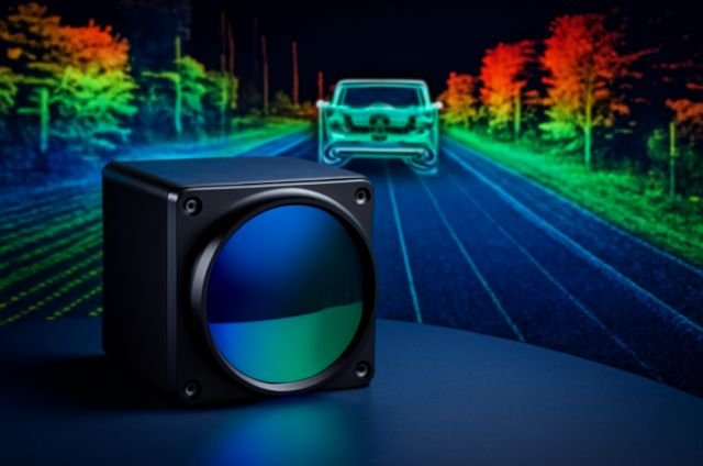 A car drives through the night, illuminating the road ahead with its headlights, creating a bright path in the darkness.