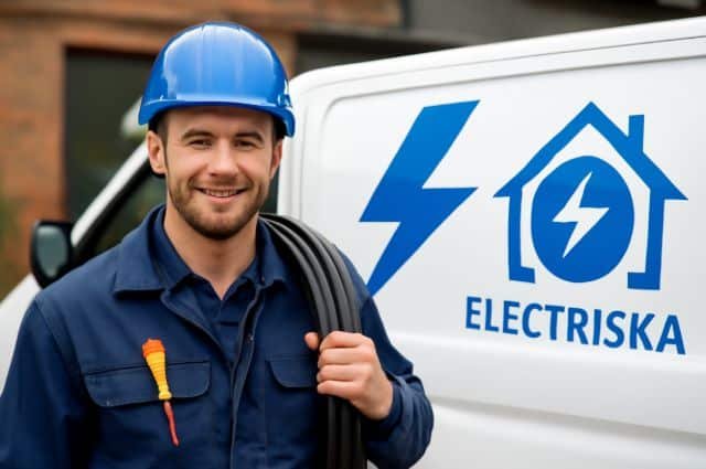 Electrician standing in front of a van with "Närkes Elektriska" sign, ready to assist with electrical services.