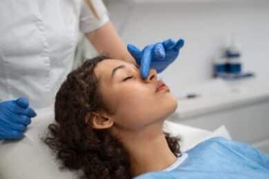 A woman consults with a doctor about her nose, discussing potential costs for a nose job procedure.