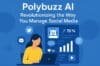 Polybuzz AI managing social media platforms with a futuristic interface, showing analytics charts, notifications, and icons for Facebook, Instagram, Twitter, and LinkedIn connected by glowing network lines.