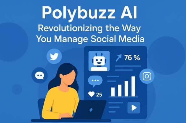 Polybuzz AI managing social media platforms with a futuristic interface, showing analytics charts, notifications, and icons for Facebook, Instagram, Twitter, and LinkedIn connected by glowing network lines.