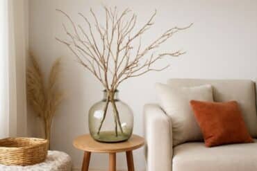 A decorative vase filled with branches rests on a table next to a couch, enhancing the room's inviting atmosphere.