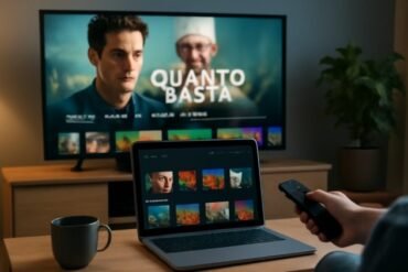 Visual guide on accessing "Quanto Basta" on Amazon Prime Video, highlighting the film's title and viewing options.