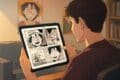 A man holds a tablet displaying a character from One Piece manga, inviting viewers to read it online.