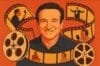 A smiling man stands in front of a film reel, celebrating the legacy of Robin Williams' movies.