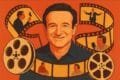 A smiling man stands in front of a film reel, celebrating the legacy of Robin Williams' movies.