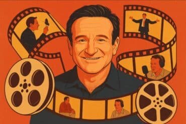 A smiling man stands in front of a film reel, celebrating the legacy of Robin Williams' movies.