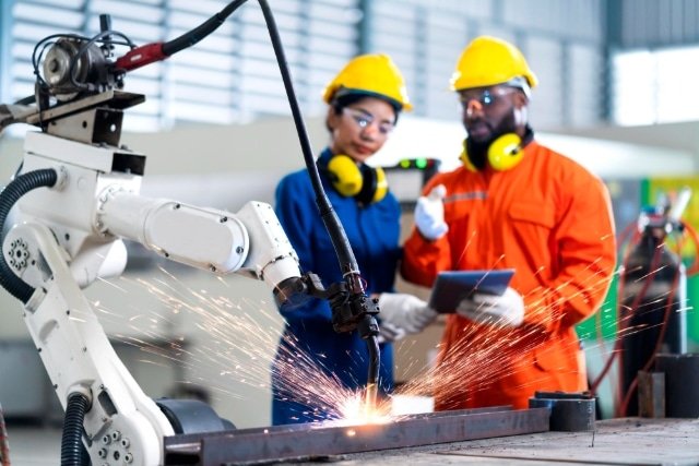 Two workers in safety gear welding a metal object using robotic systems in a workshop setting.